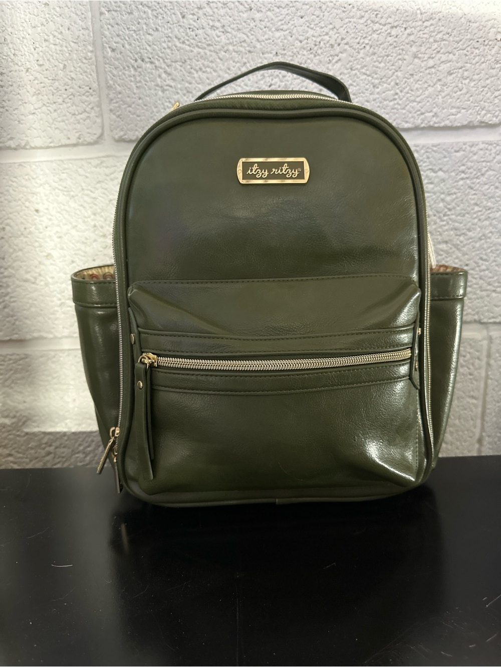 Itzy Ritzy Olive Green Leatherette Backpack with Gold Hardware
